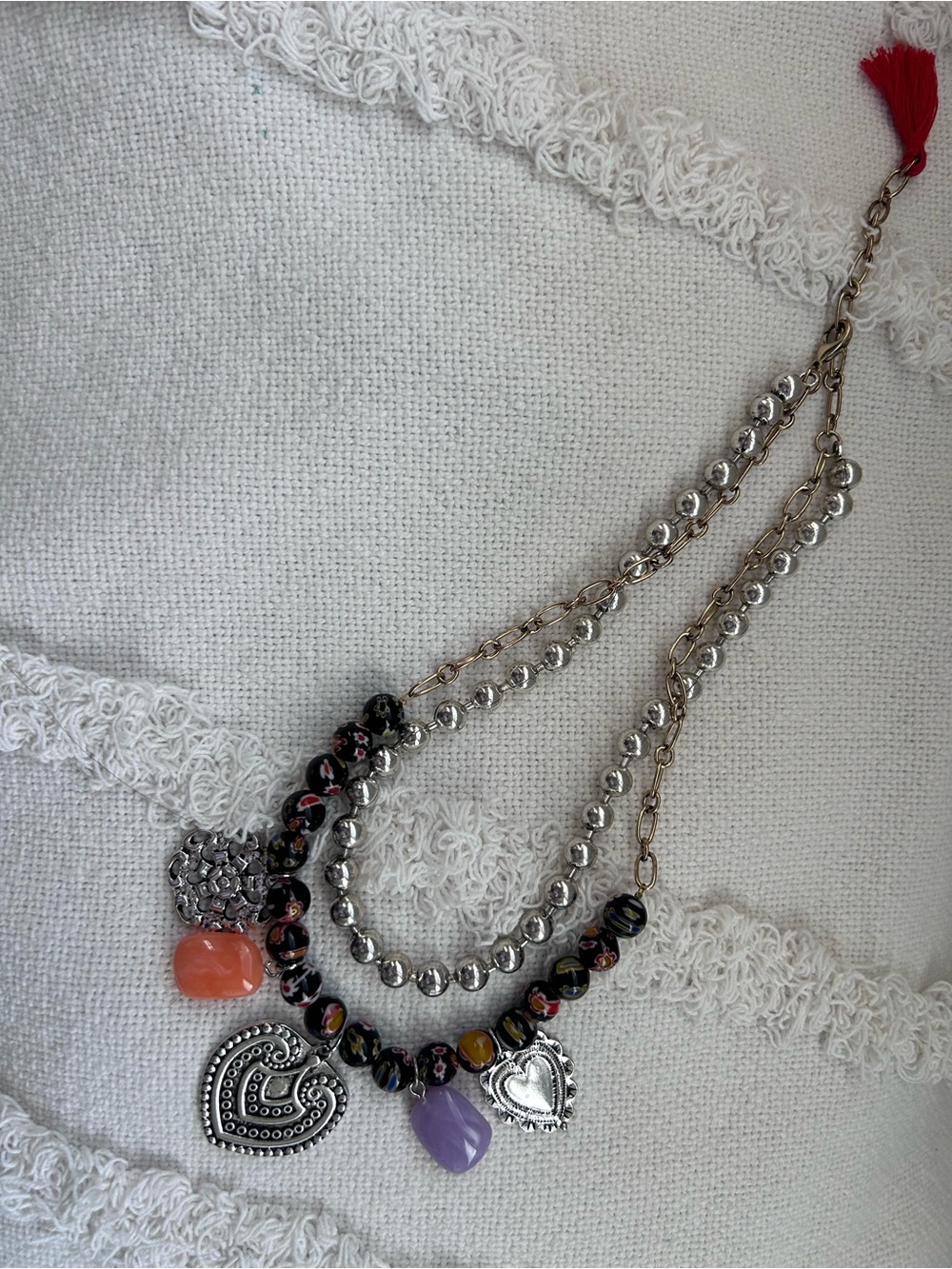 FP Silver Heart Pendant Necklace with Peach and Lavender Beads - Picture 3 of 5